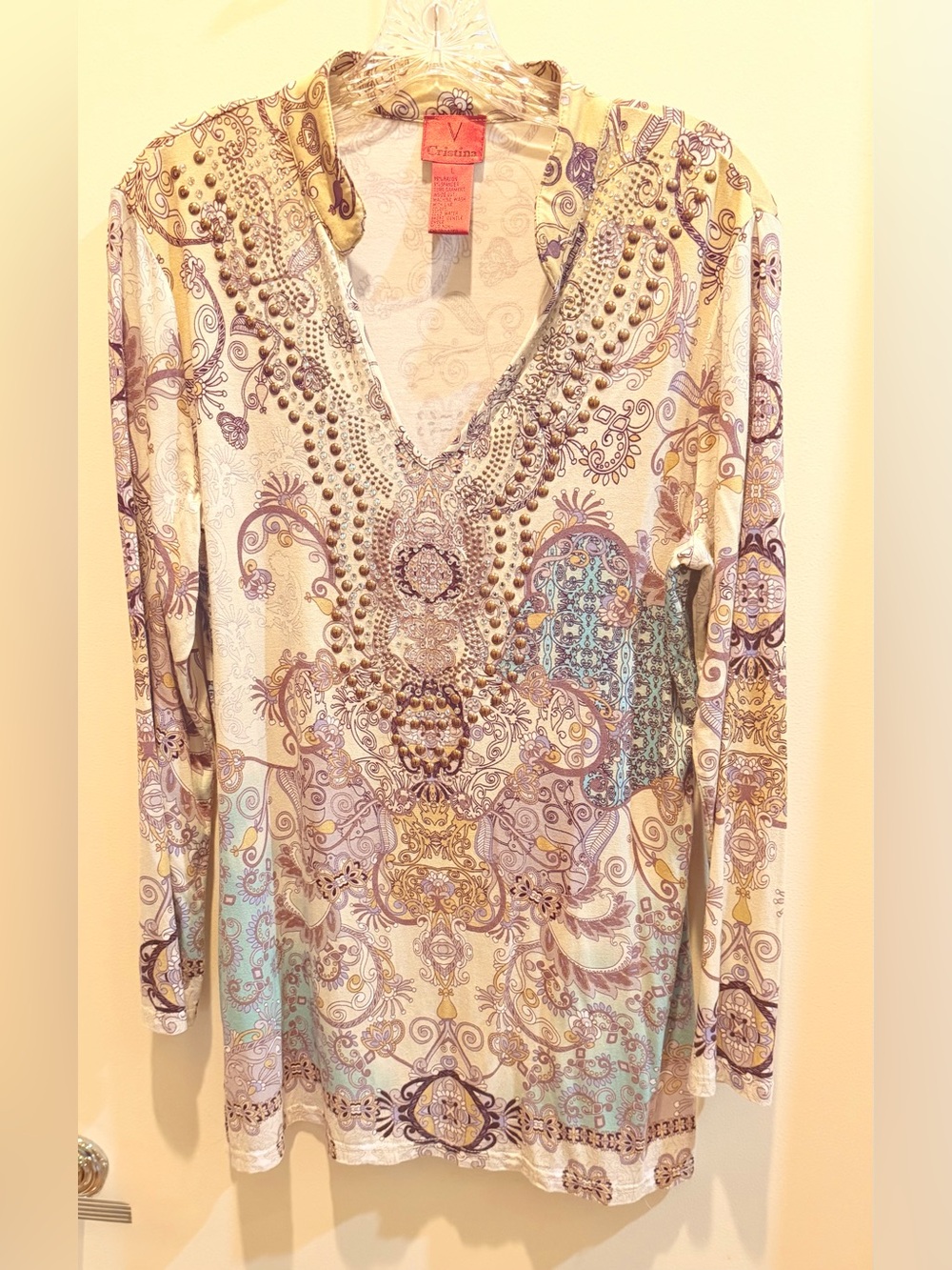 V Cristina Paisley Embellished V-Neck Tunic — Cream with Pastel Accents